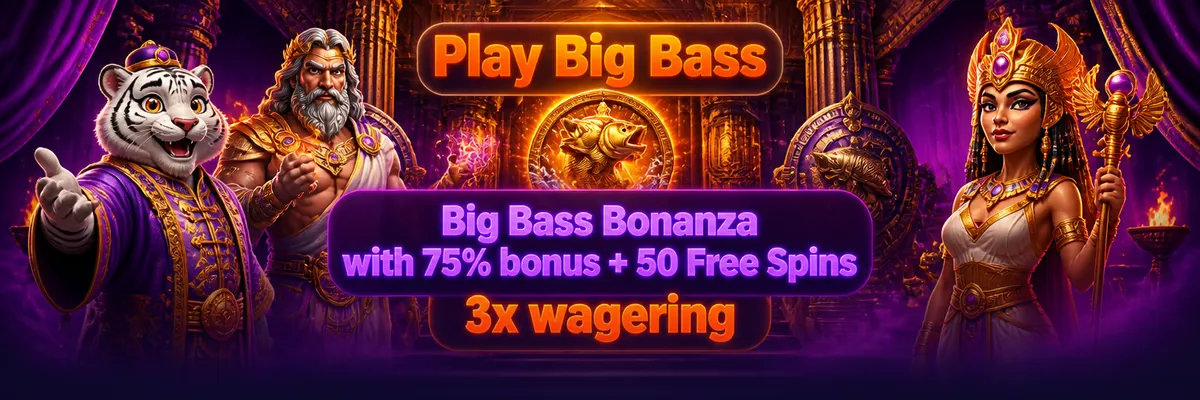 White tiger, crowned Zeus-like god and Egyptian queen pose before glowing temple architecture, shields and orange-lit curtains in a dramatic purple scene.